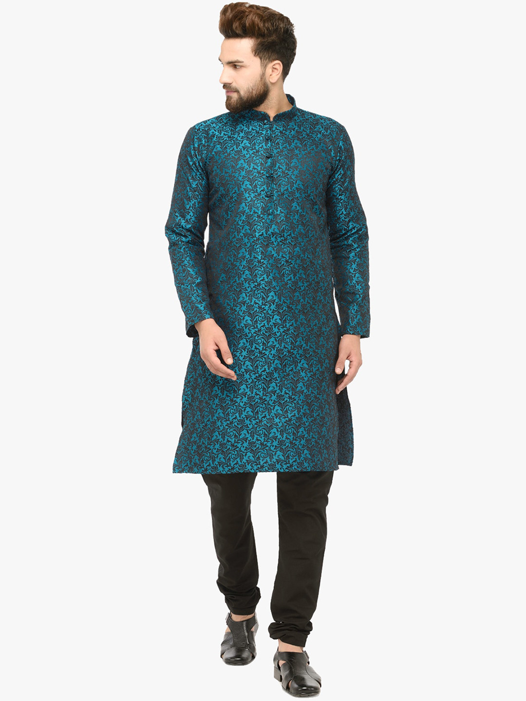 Jompers Men Green & Charcoal Grey Woven Design Kurta with Churidar