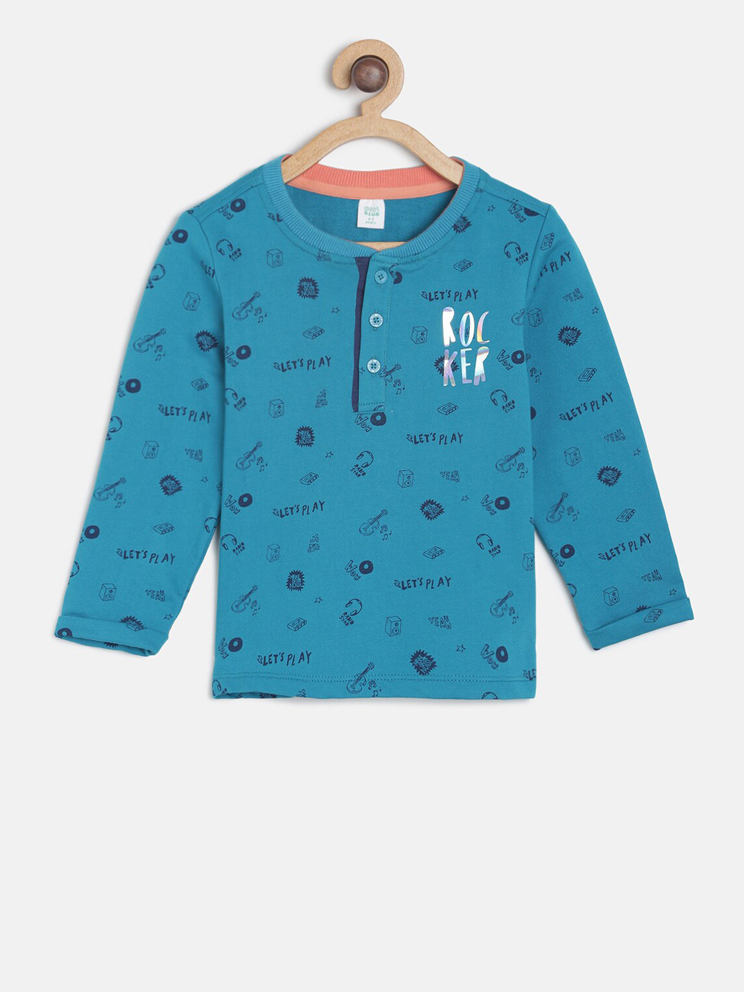 MINI KLUB Boys Blue Printed Henley Neck Pure Cotton T-shirt
