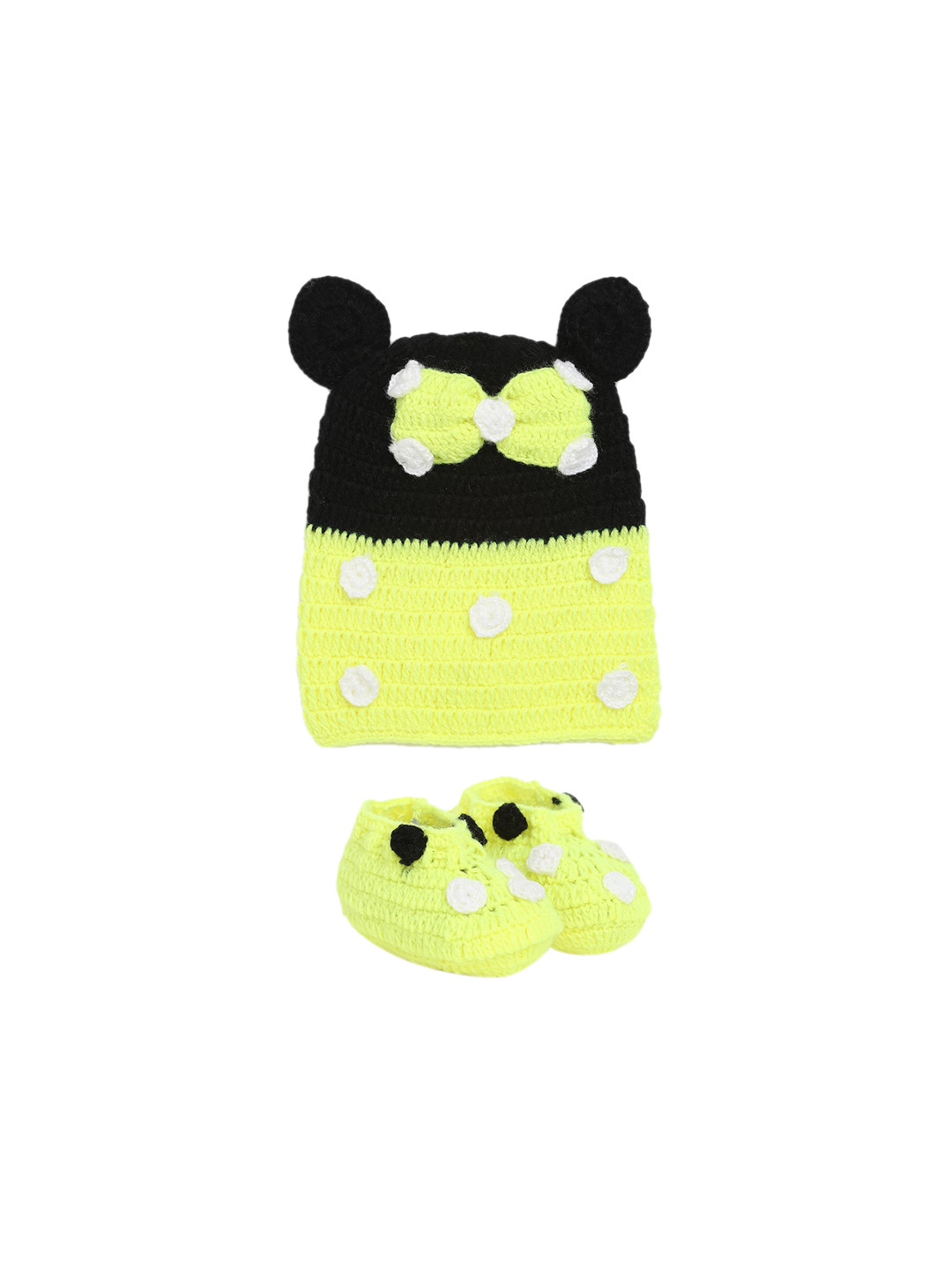 CHUTPUT Kids Fluorescent Green Hand Knitted Micky Design Cap & Booties Set