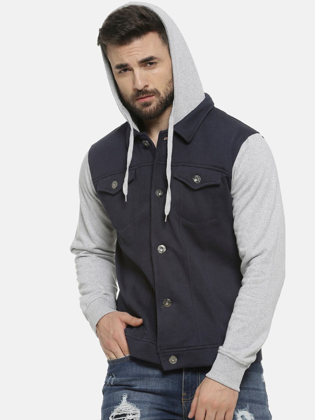 Campus Sutra Men Navy Blue & Grey Colourblocked Windcheater Bomber Jacket