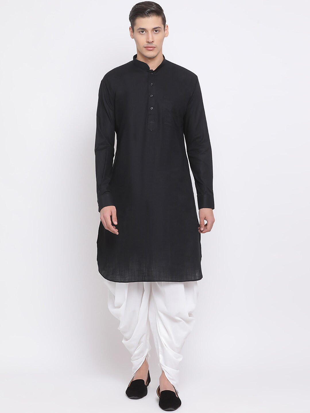VASTRAMAY Men Black & White Solid Kurta with Dhoti Pants