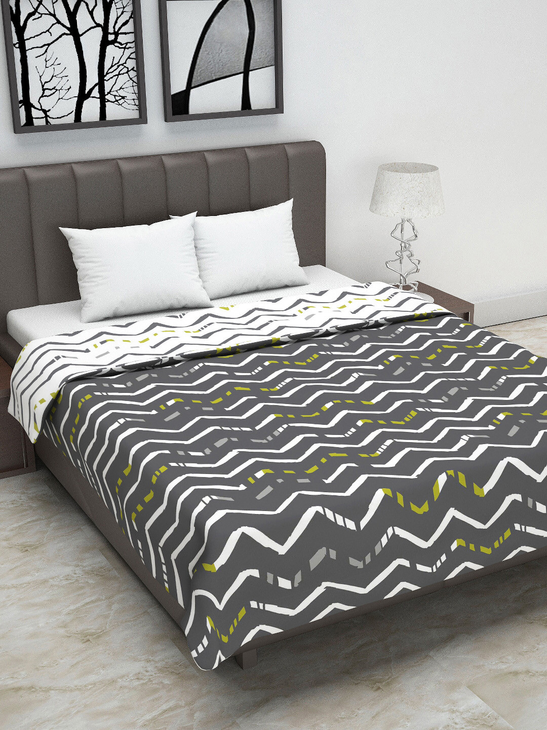 Divine Casa Charcoal & White Abstract AC Room 110 GSM Double Bed Dohar