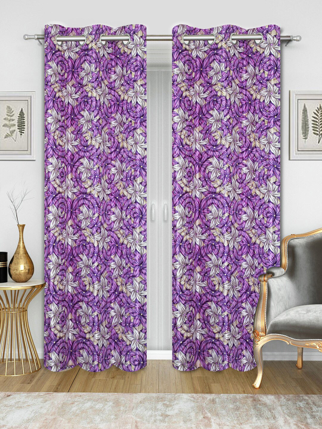 Good Homes by Home Candy Set of 2 Purple & White Long Door Curtains