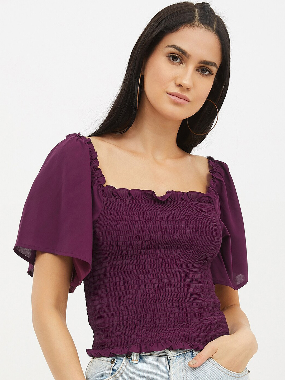 Harpa Maroon Square Neck Smocked Top