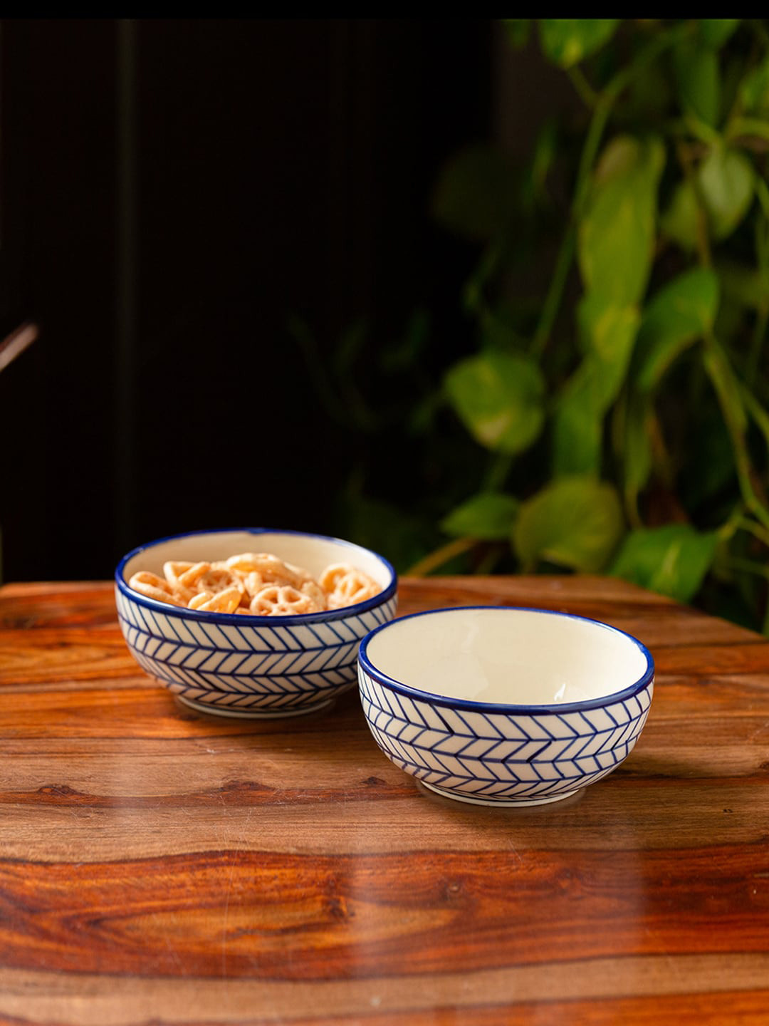 ExclusiveLane Set of 2 Blue&White Indigo Chevron Hand-painted Ceramic Serving Bowls-380 ml