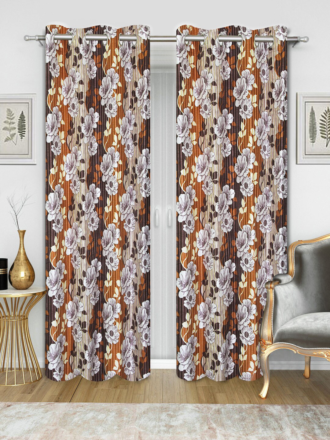 Good Homes by Home Candy Set of 2 Brown & Off-White Floral Print Door Curtains