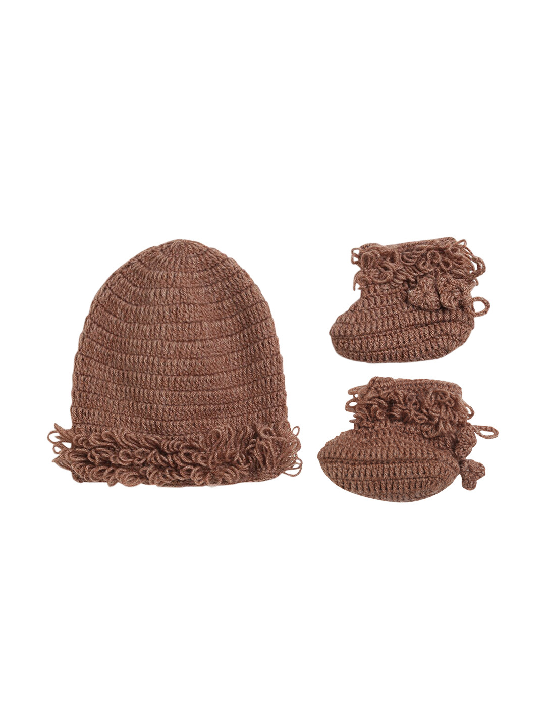 CHUTPUT Unisex Kids Brown Solid Beanie Cap & Socks