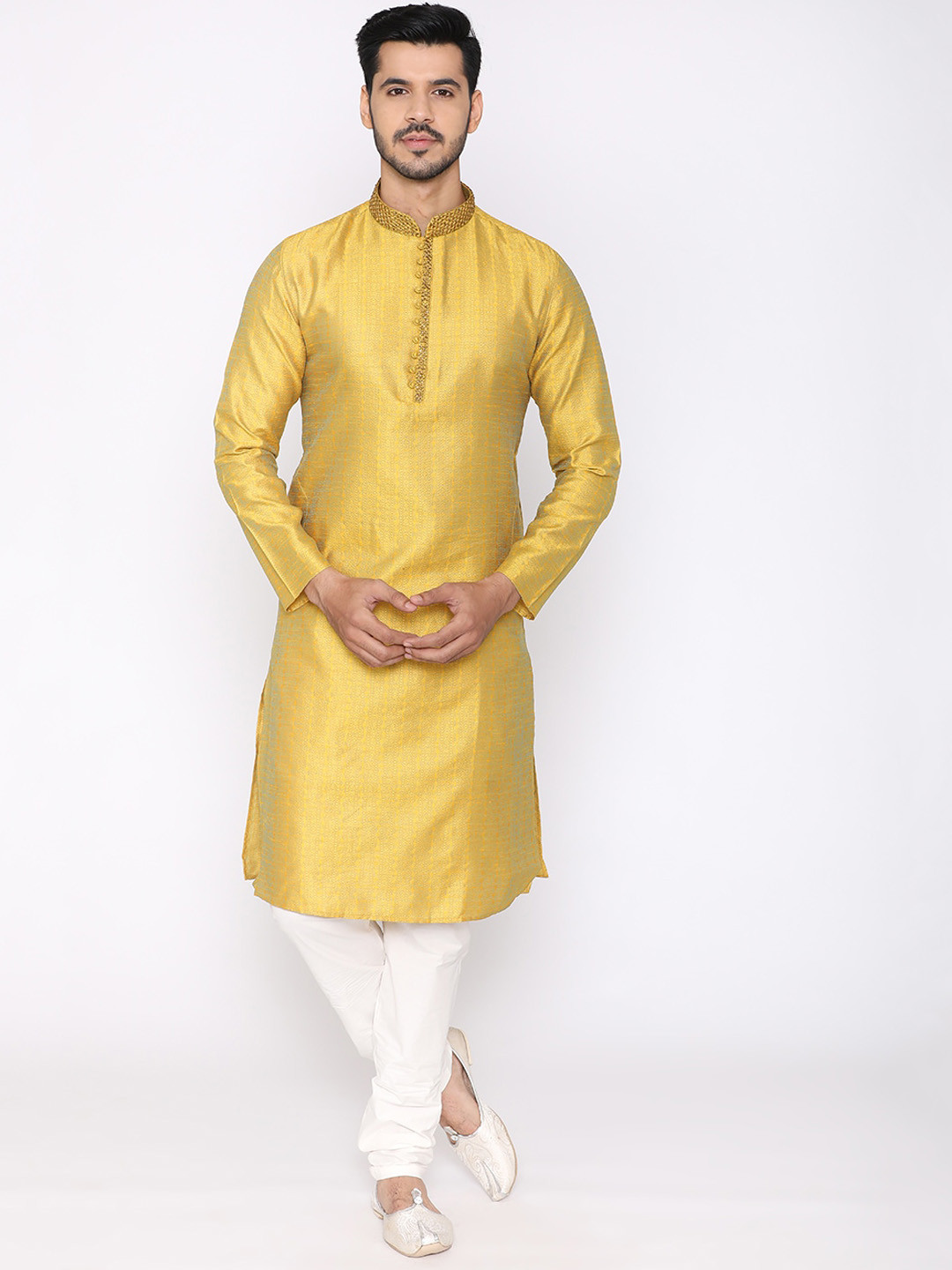 Manyavar Men Yellow & White Self Design Kurta with Churidar