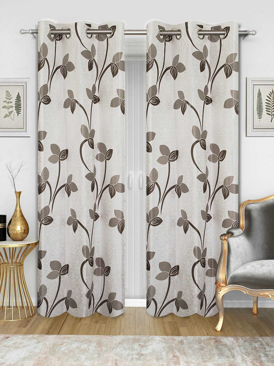 Good Homes by Home Candy Set of 2 Off-White & Grey Floral Print Long Door Curtains