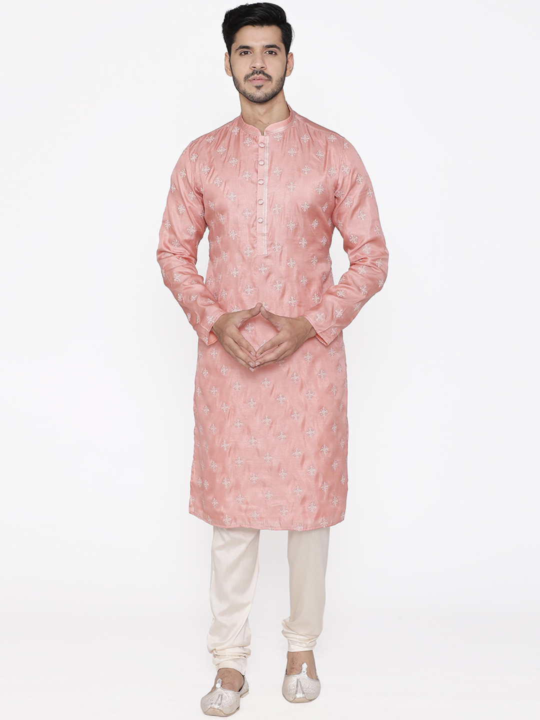 Manyavar Men Pink & White Embroidered Kurta with Churidar