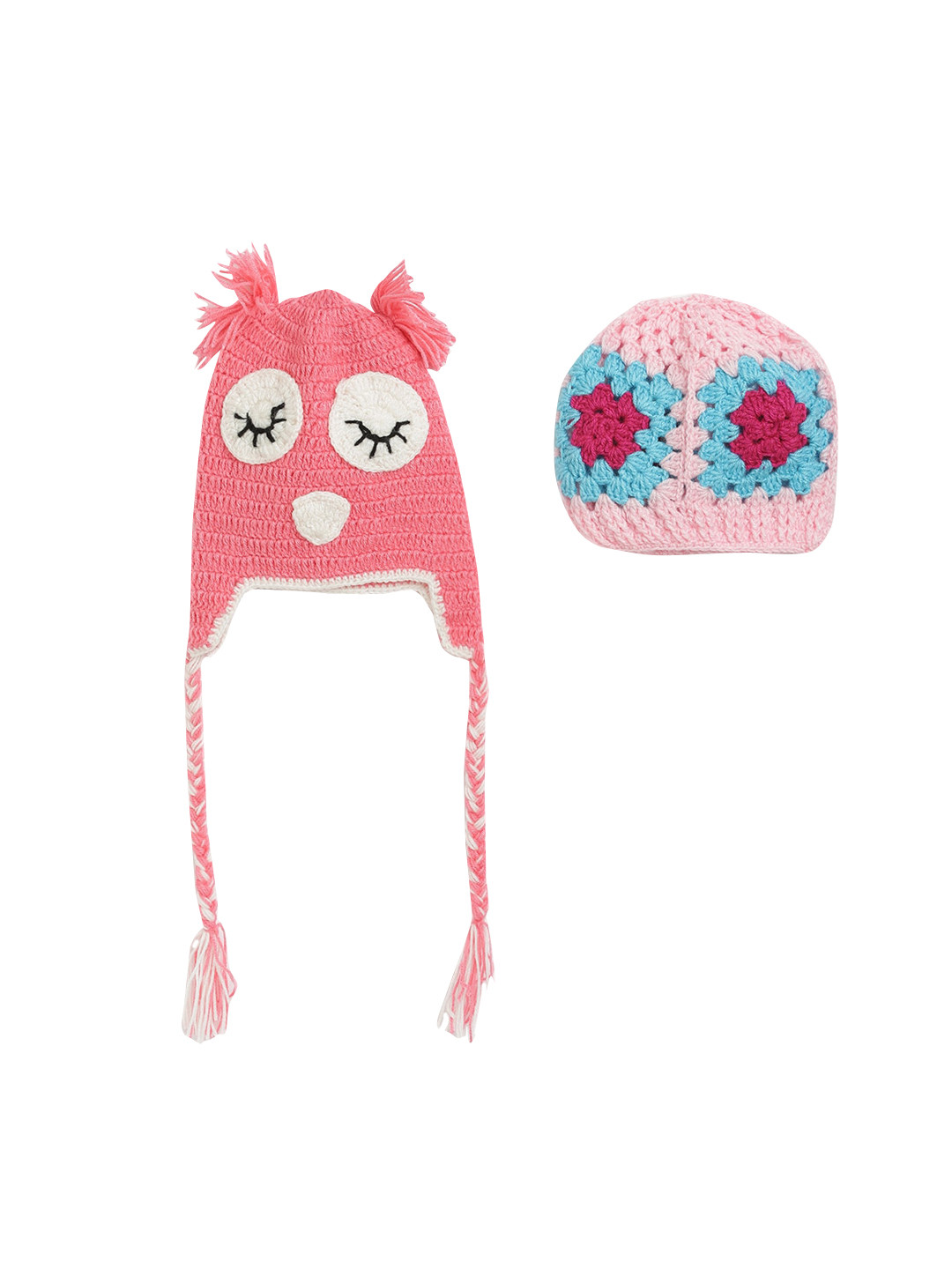CHUTPUT Kids Pack Of 2 Pink Self Design Hand Knitted Beanie