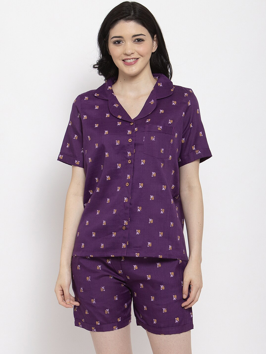 Secret Wish Women Purple & Brown Printed Night suit