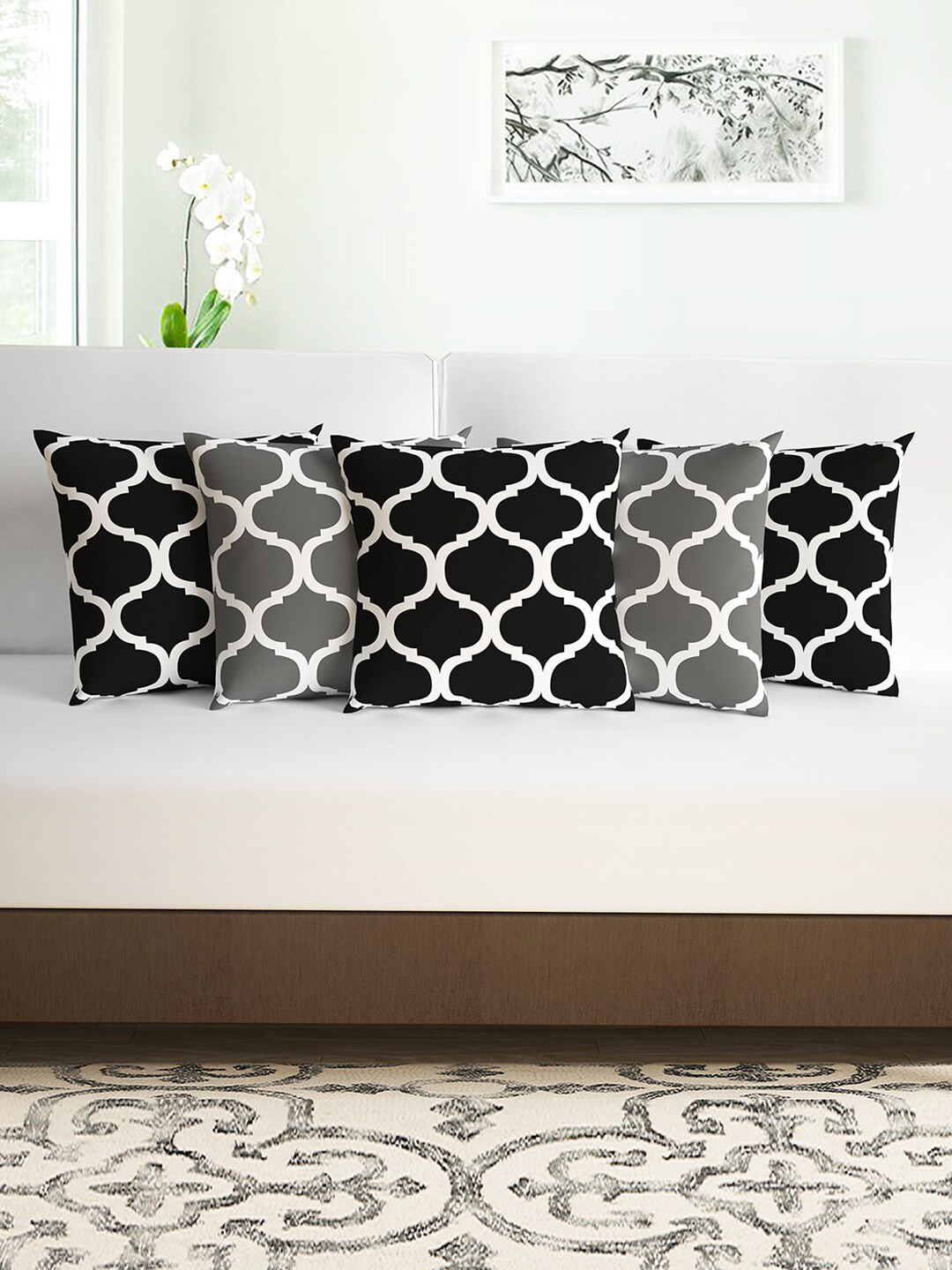 Divine Casa Black & Grey Set of 5 Abstract Square Cushion Covers