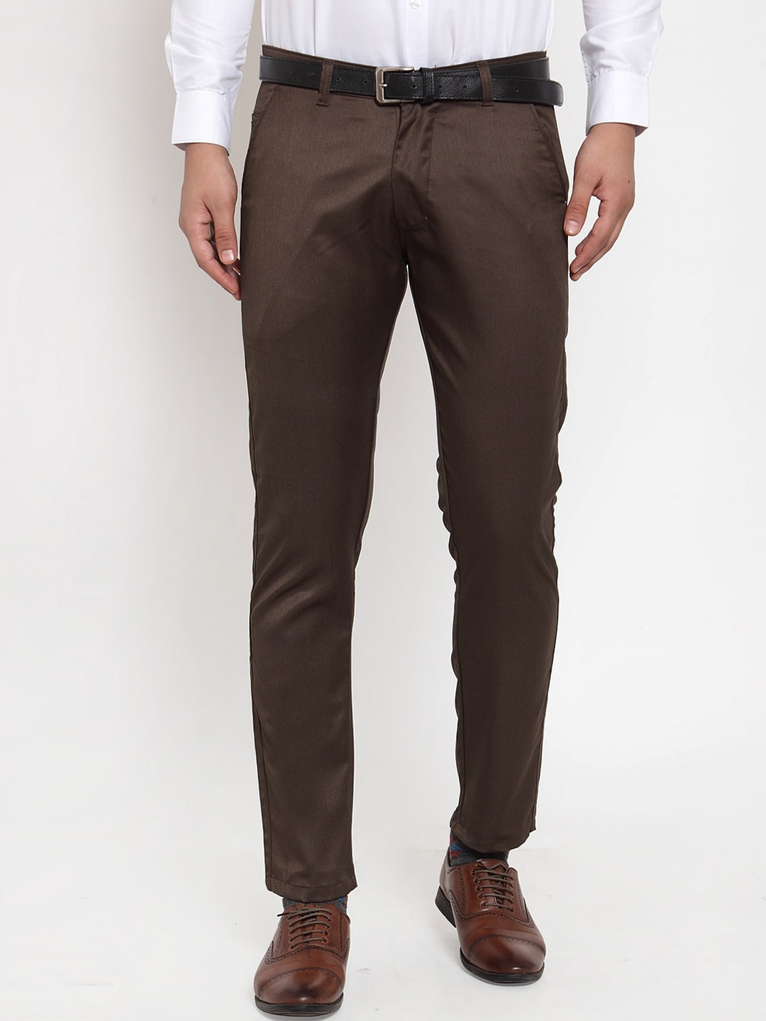 JAINISH Men Coffee Brown Smart Slim Fit Solid Formal Trousers