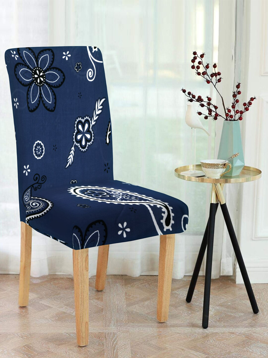 Cortina Navy Blue & White 4 Pcs Floral Print Chair Cover Set