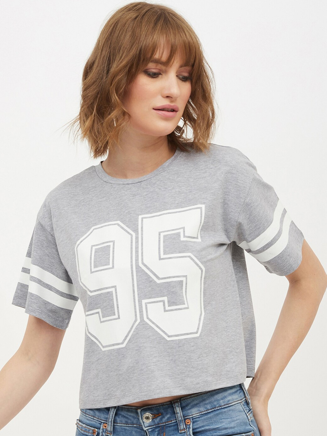 Harpa Women Grey Printed Round Neck T-shirt