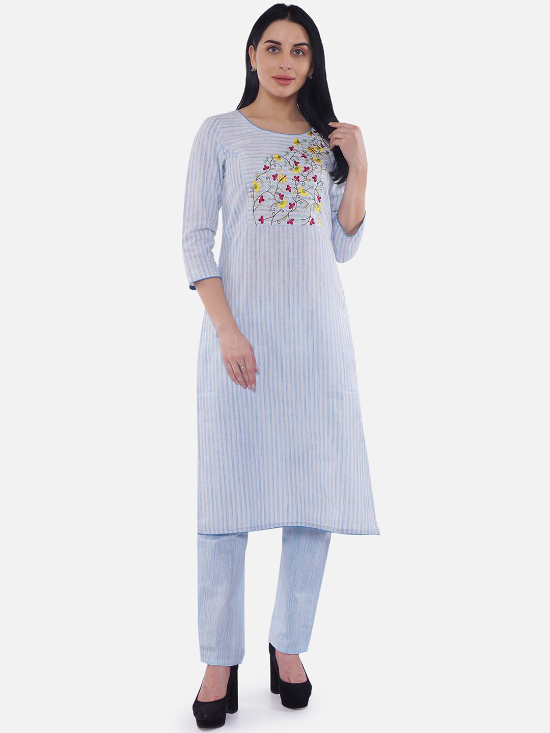 Be Indi Women Blue Embroidered Handloom Kurta with Trousers