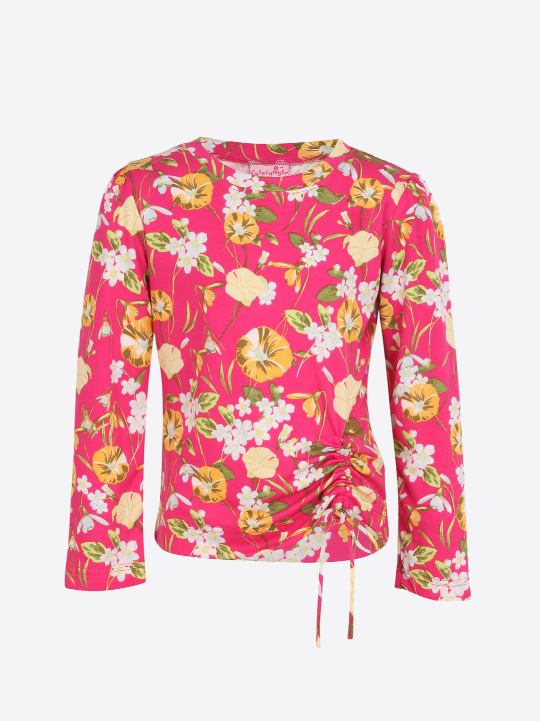 CUTECUMBER Girls Pink Floral Printed Round Neck T-shirt