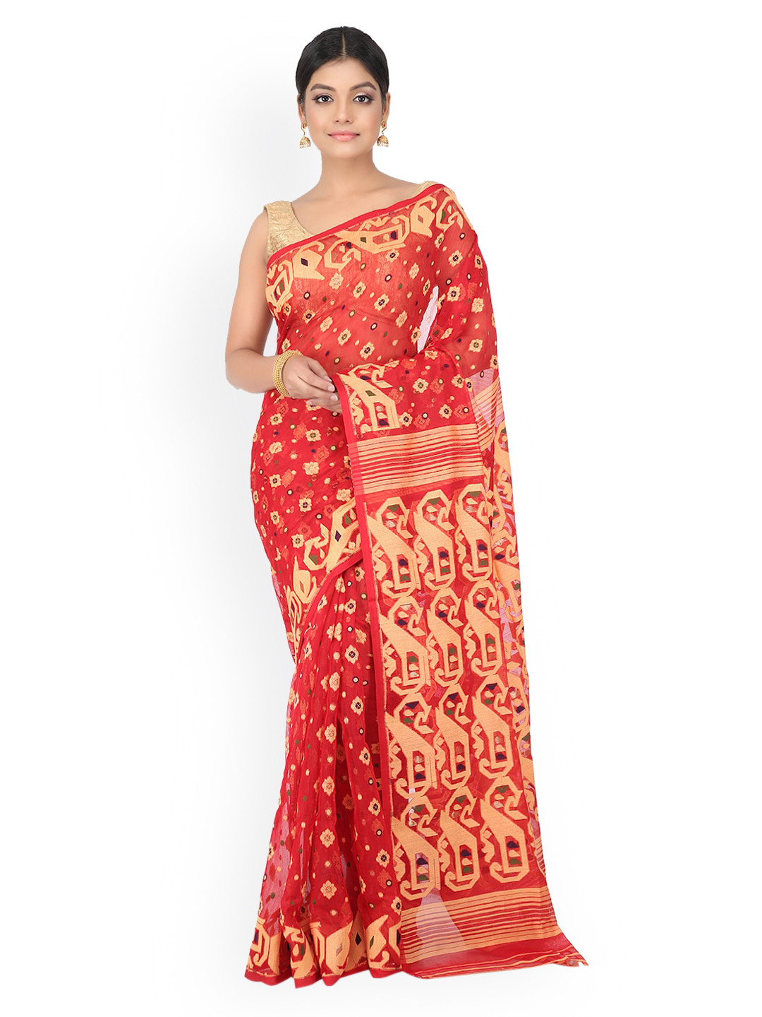 PinkLoom Red & Cream-Coloured Pure Cotton Woven Design Jamdani Saree