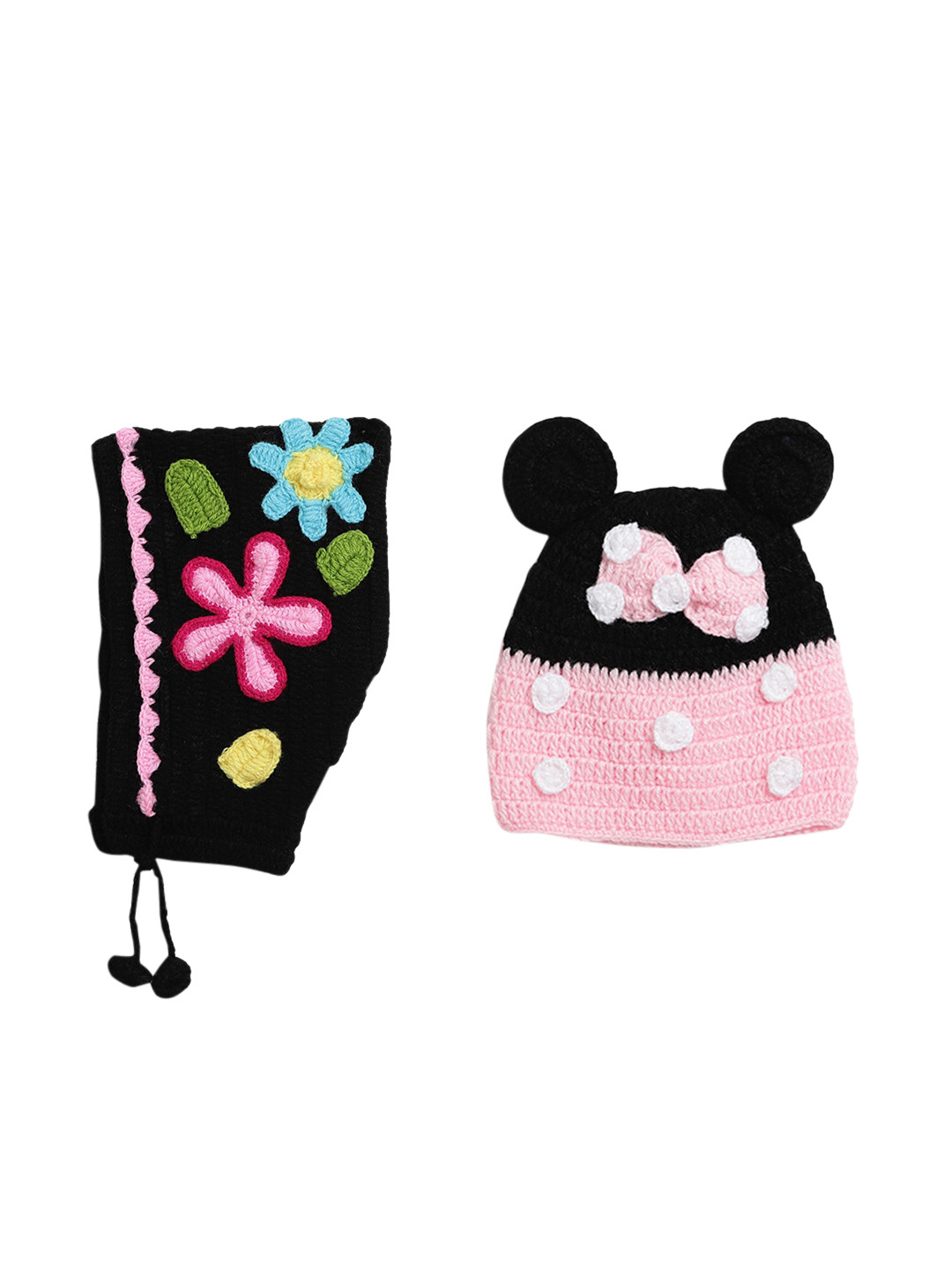 CHUTPUT Unisex Kids Pink & Black Self Design Hand knitted Beanie