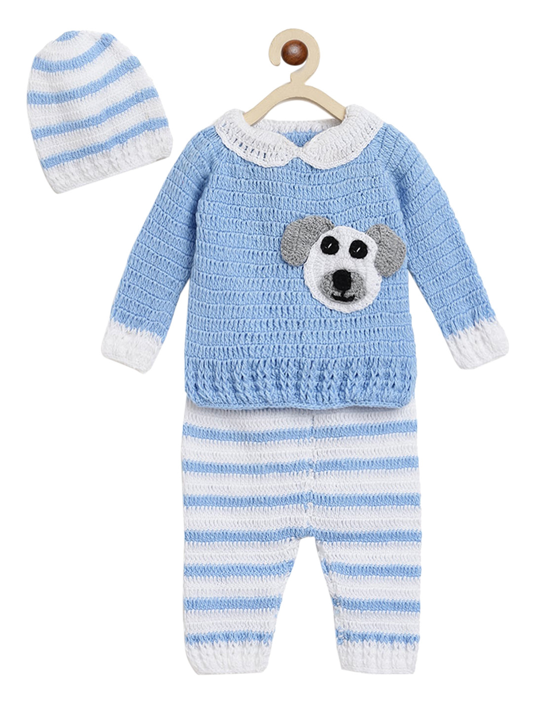 CHUTPUT Unisex Kids Blue & White Hand knitted Striped T-shirt with Pyjamas