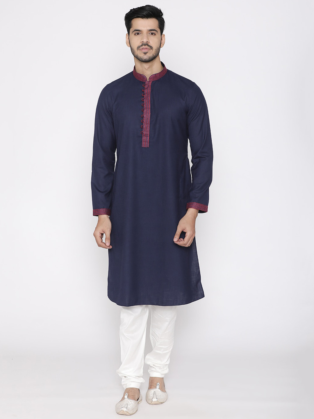 Manu Men Navy Blue & White Self Design Kurta with Churidar