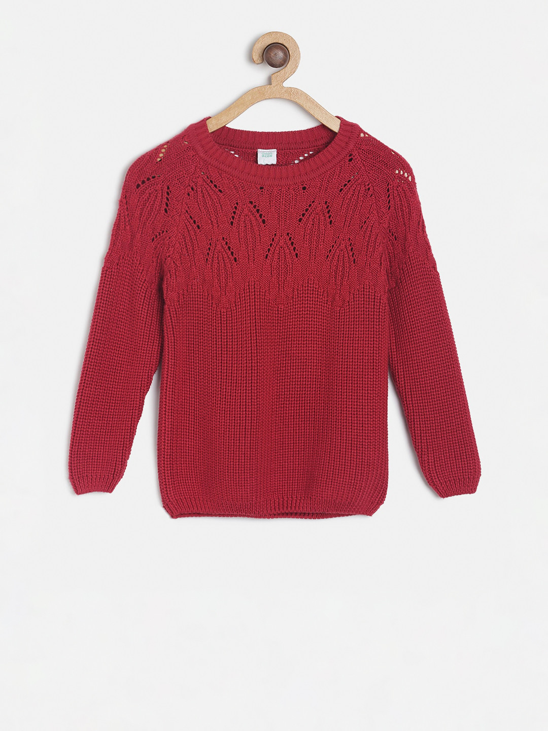 MINI KLUB Girls Red Self Design Cardigan Sweater