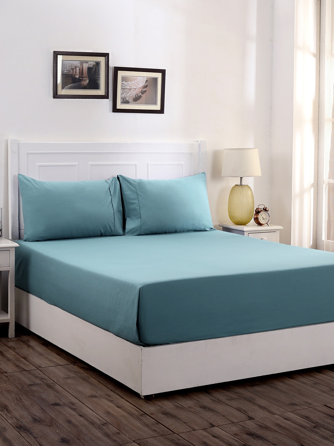 MASPAR Blue Cotton 200 TC Double Fine Bedsheet with a Pillow Cover-60 x 88 inches