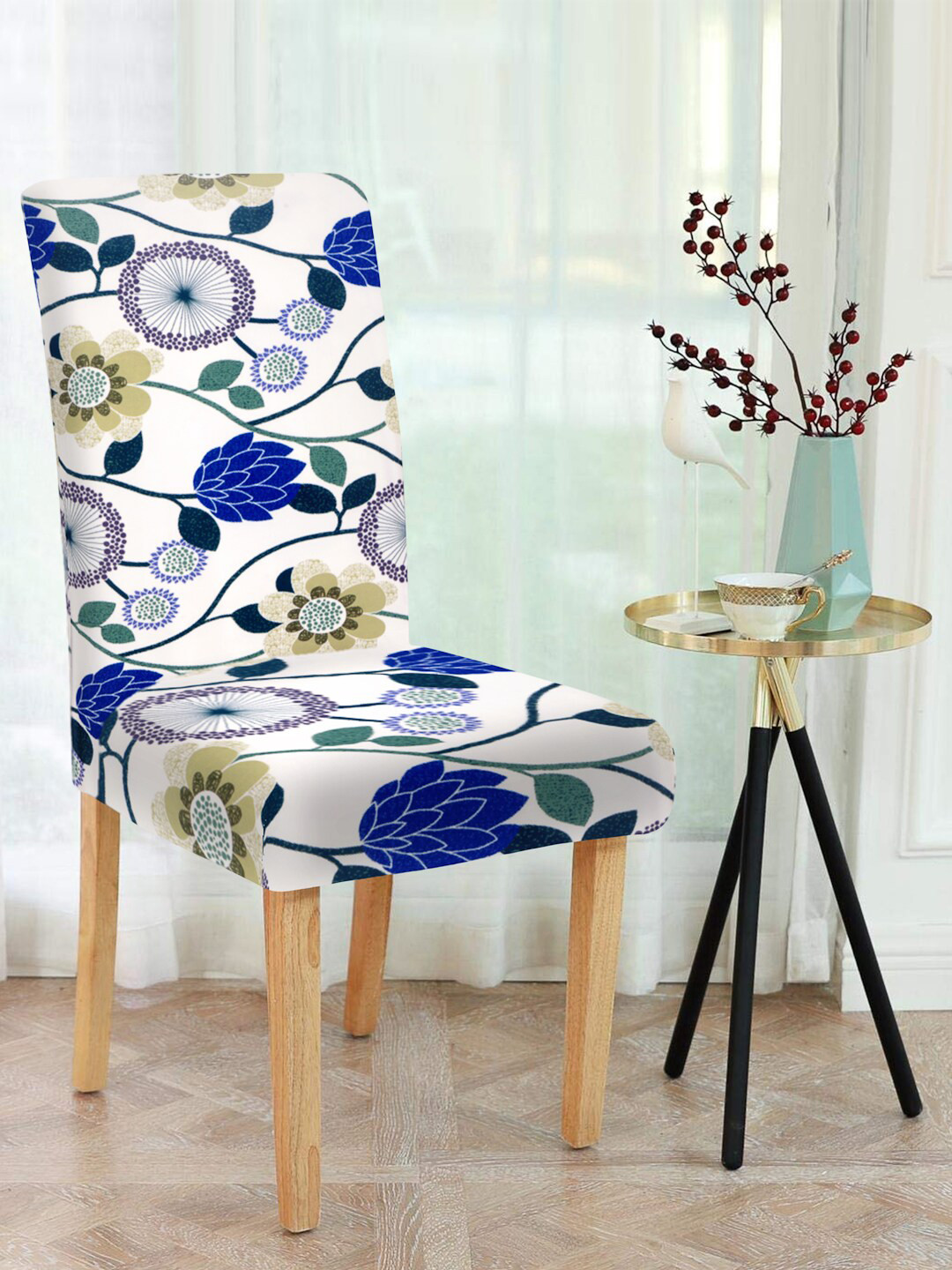 Cortina Set of 6 White & Blue Floral Print Chair Covers