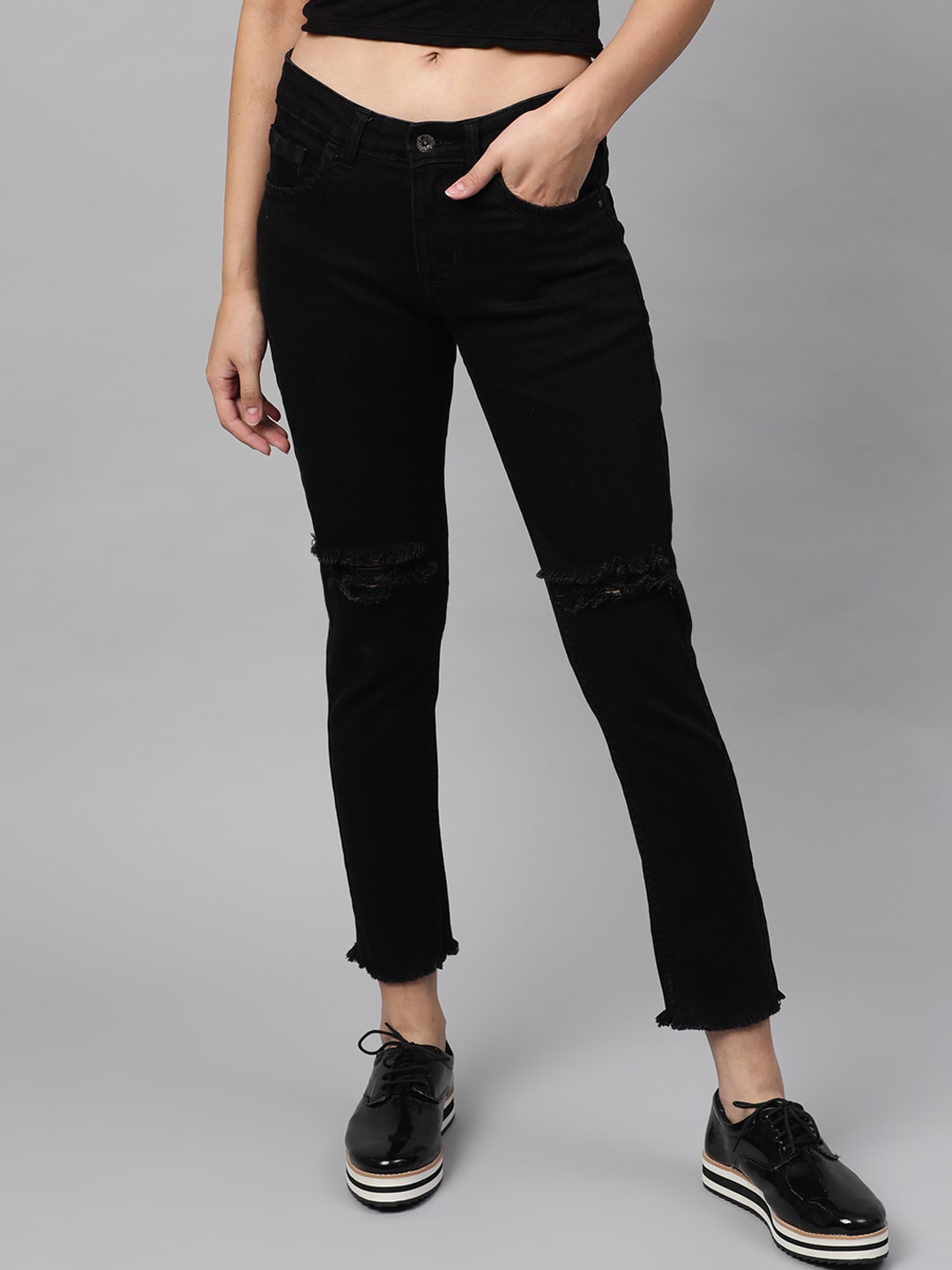 STREET 9 Women Black Skinny Fit Mid-Rise Slash Knee Stretchable Jeans