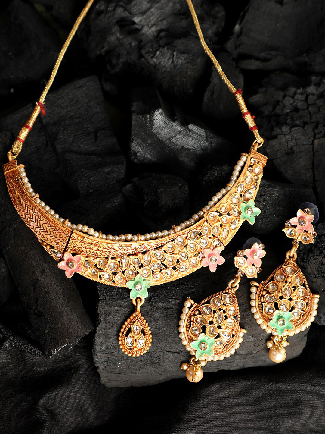 ANIKAS CREATION Gold-Plated Green & Peach-Coloured Stone-Studded Enamelled Traditional Jewellery Set