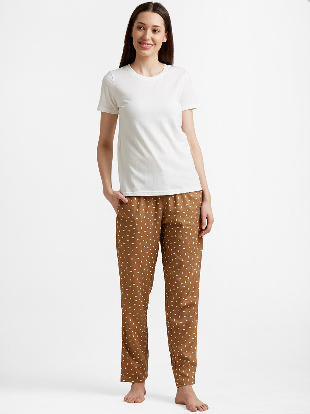 DRAPE IN VOGUE Women Cream-Coloured & Brown Solid Night Suit