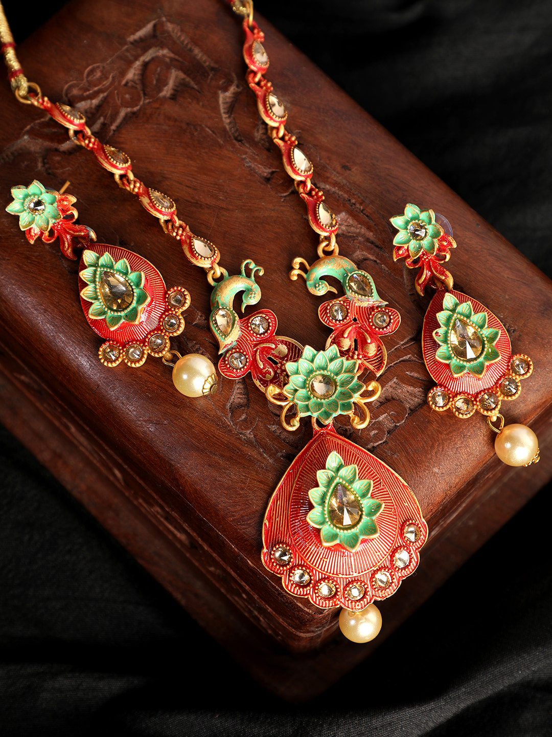 ANIKAS CREATION Gold-Plated Red & Sea Green Enamelled Stone-Studded Traditional Jewellery Set