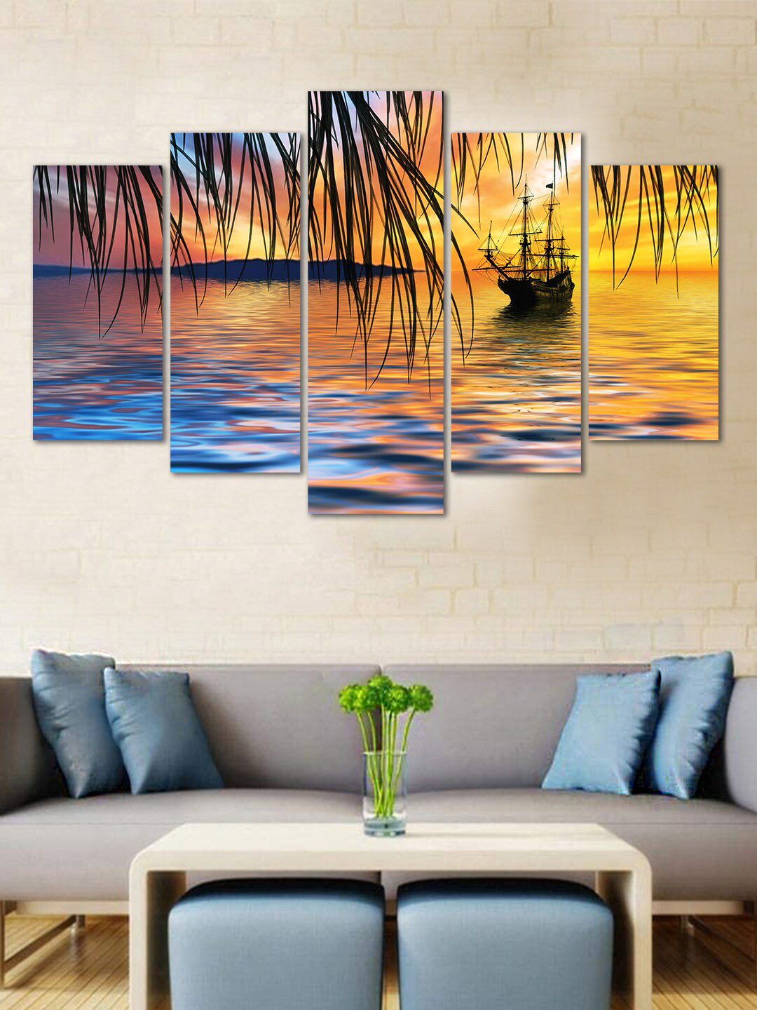 WENS Yellow & Blue Sunset View Velvet Laminated 5 Panelled Wall Art