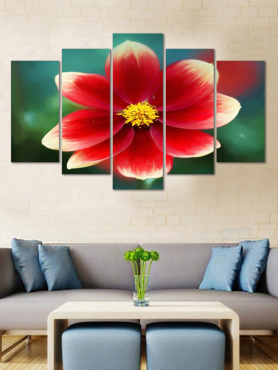 WENS Red & Green Flower 5 Panelled Velvet Wall Art