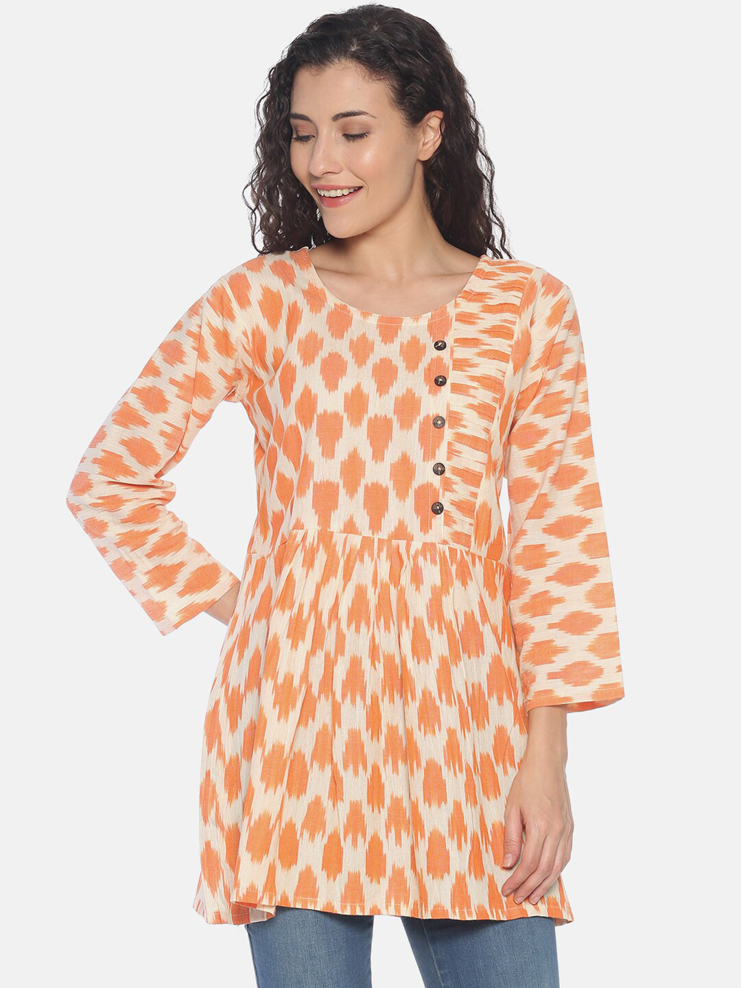 Resha Women Cream-Coloured & Orange Woven Design Pure Cotton Ikat Handloom A-Line Kurti