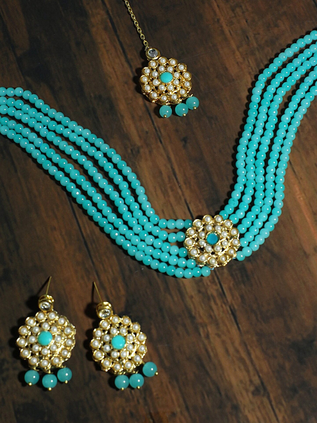 KARATCART Gold-Plated Blue & White Stone-Studded Beaded Handcrafted Jewellery Set