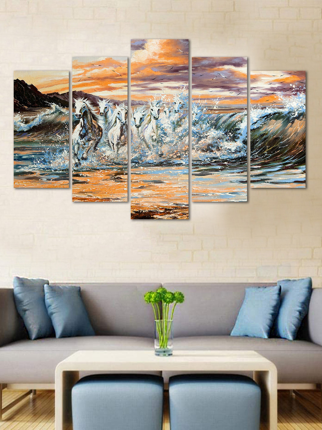 WENS White & Brown 5 Panelled Seven Running Horses Velvet Laminated Wall Painting