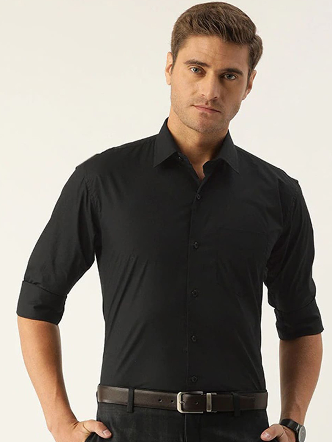 Hancock Men Black Slim Fit Solid Pure Cotton Formal Shirt