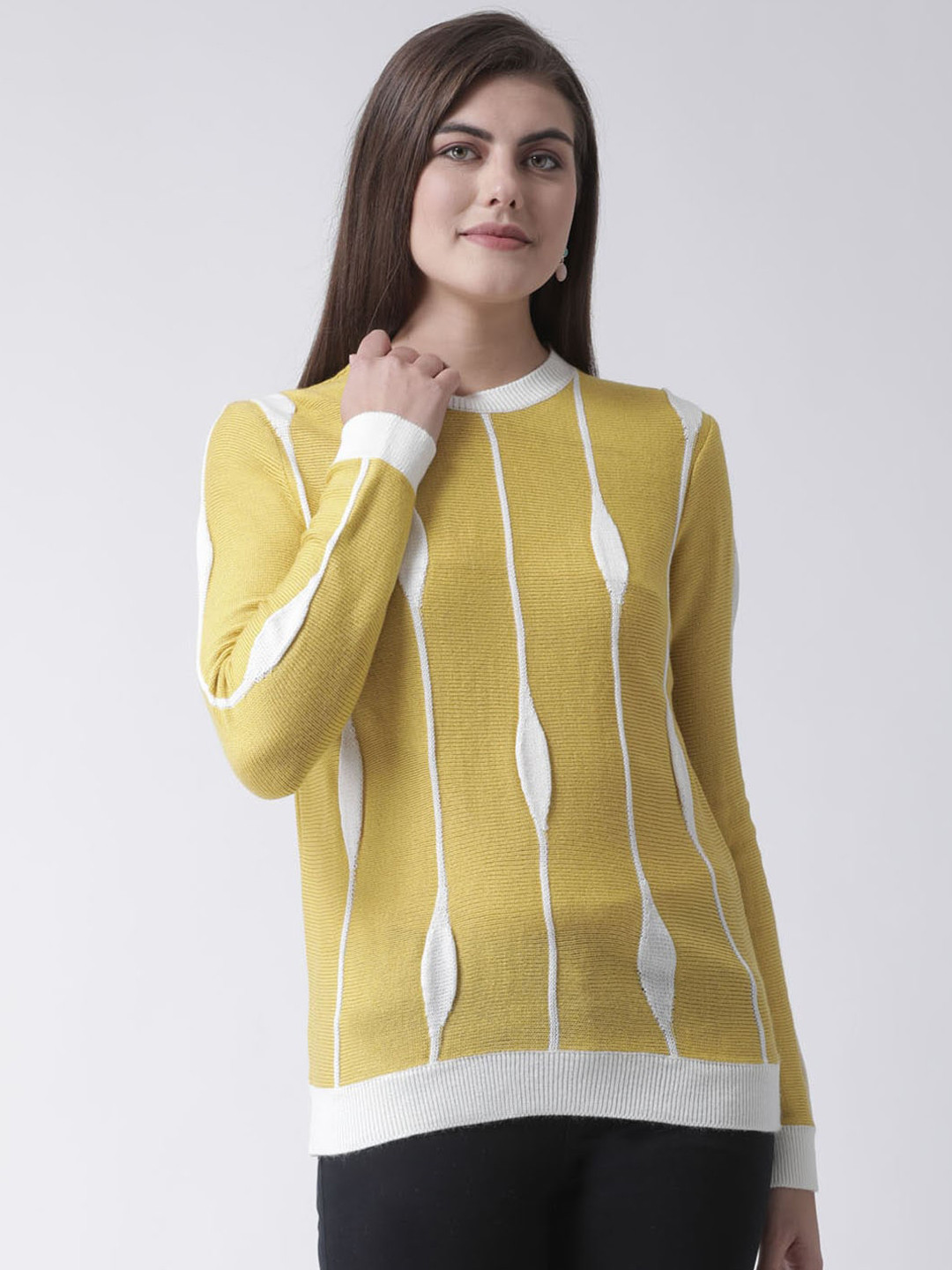 Club York Women Yellow Printed Pullover Acrylic Sweater