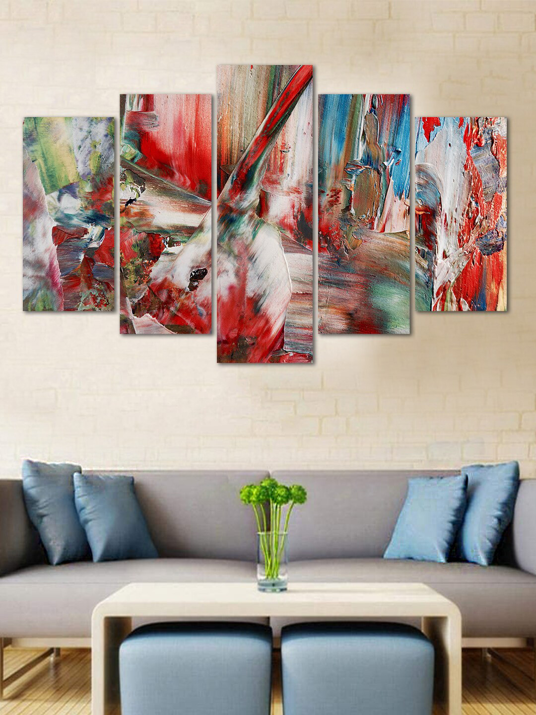 WENS Red & Blue Abstarct 5 Panelled Velvet Laminated Wall Art
