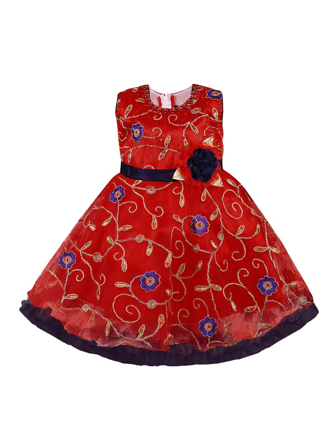 Wish Karo Girls Maroon & Gold-Coloured Embroidered Fit and Flare Dress