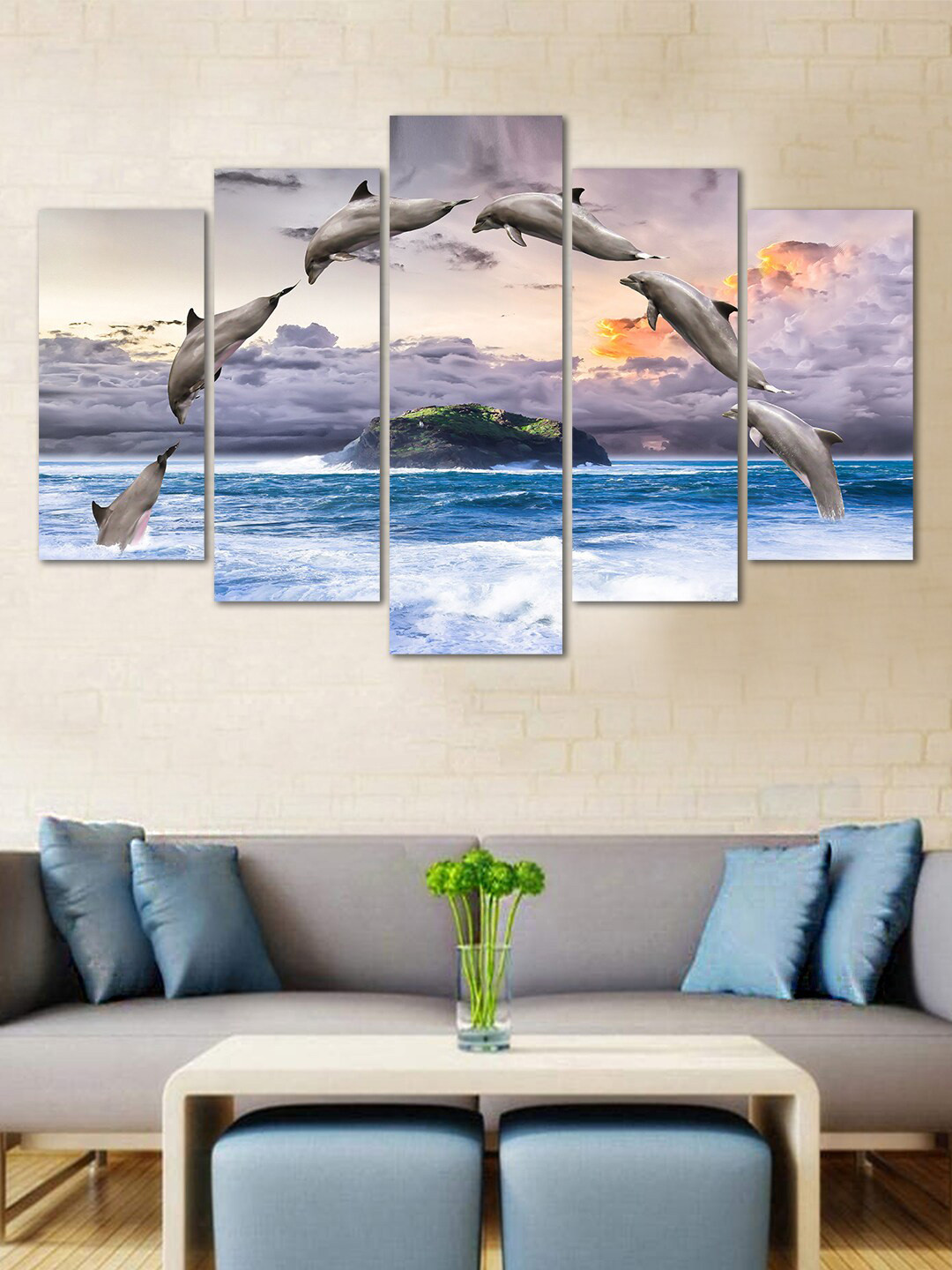 WENS Blue & Grey Dolphin Jump Vastu 5 Panelled Velvet Laminated Wall Art