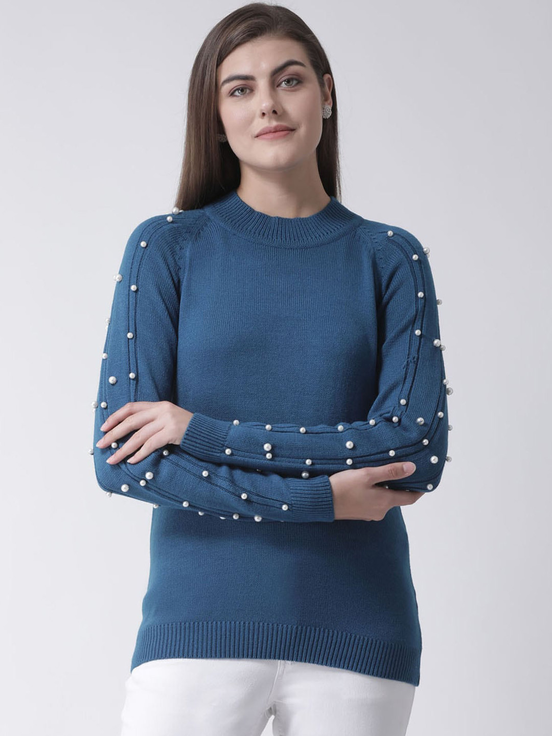 Club York Women Teal Blue Solid Pullover Sweater