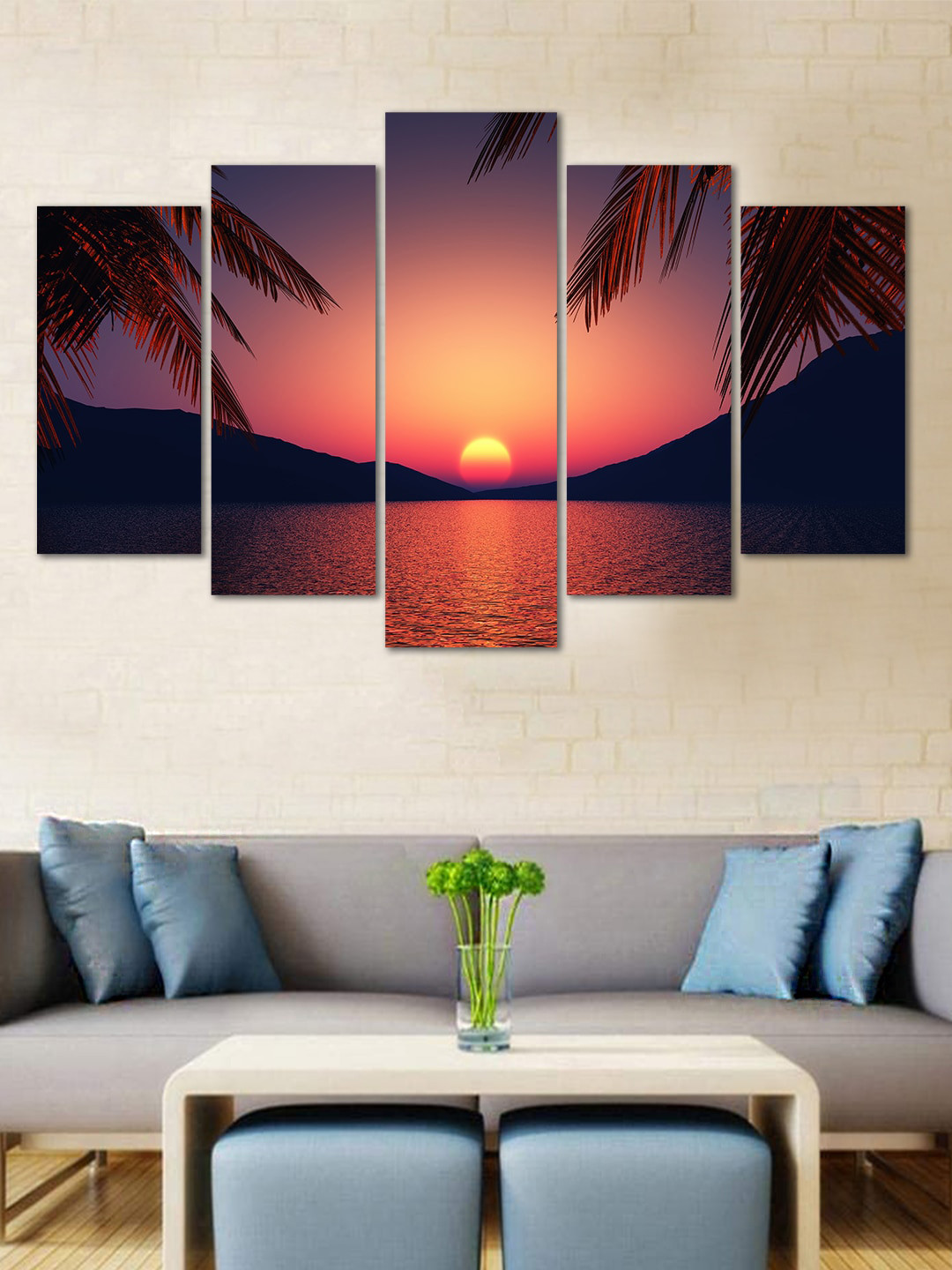 WENS Pink & Blue Divine Nature Beauty Velvet Laminated 5 Panelled Wall Art