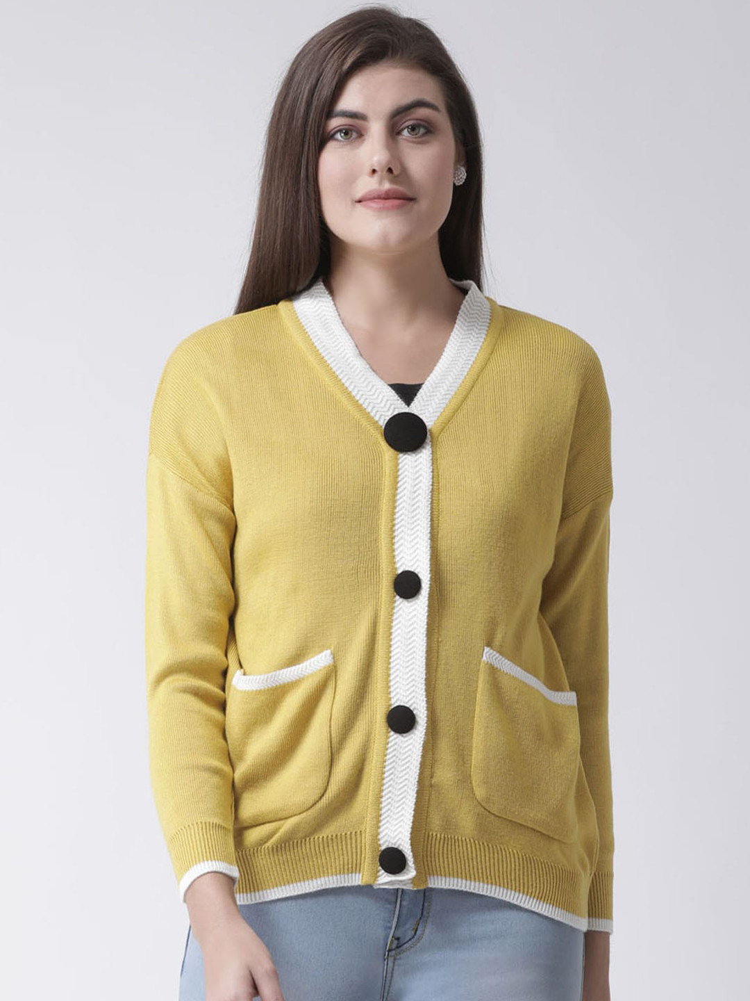 Club York Women Yellow Solid V-Neck Casual Cardigan Sweater