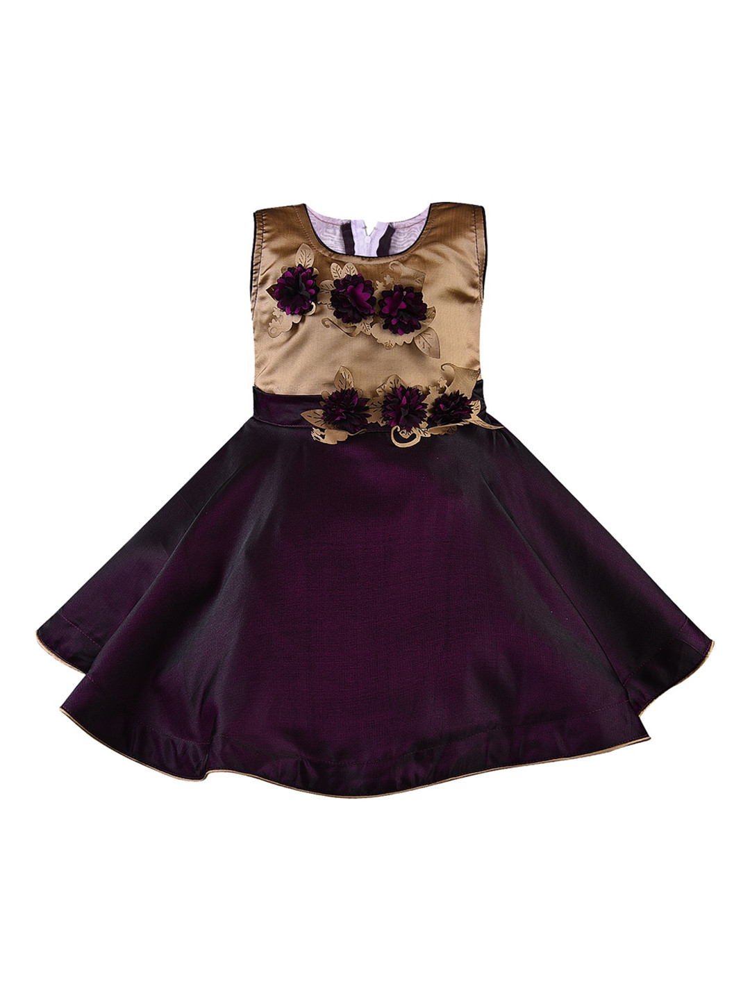 Wish Karo Girls Burgundy & Beige Floral Silk Fit and Flare Dress