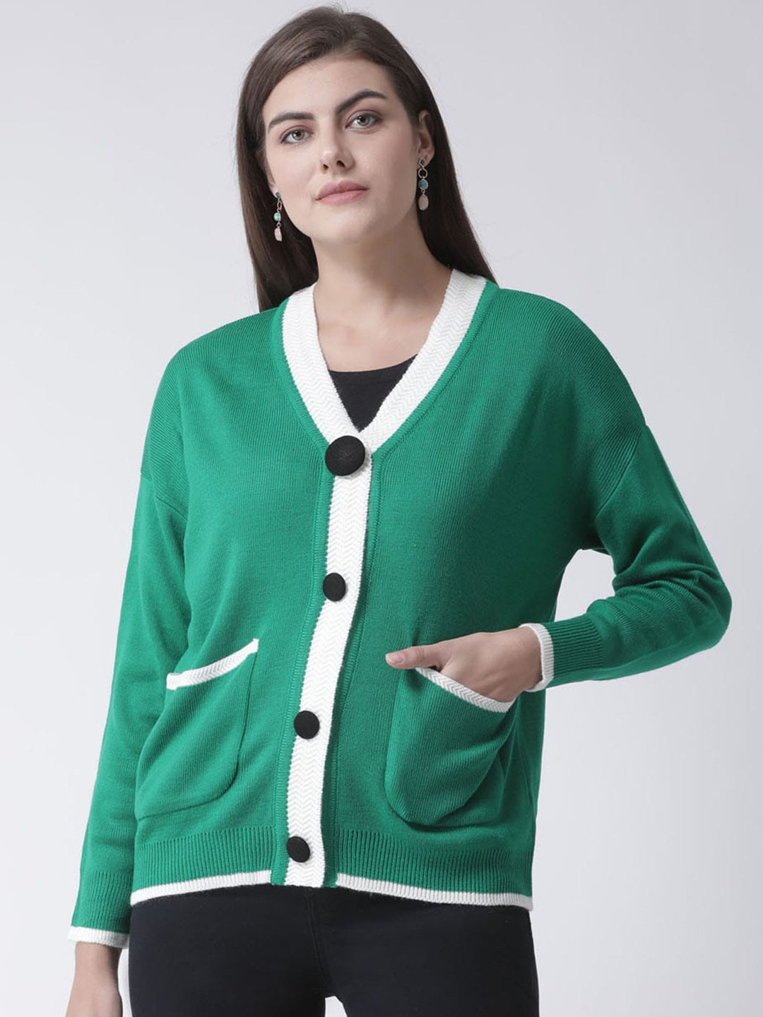 Club York Women Green Solid Cardigan Sweater