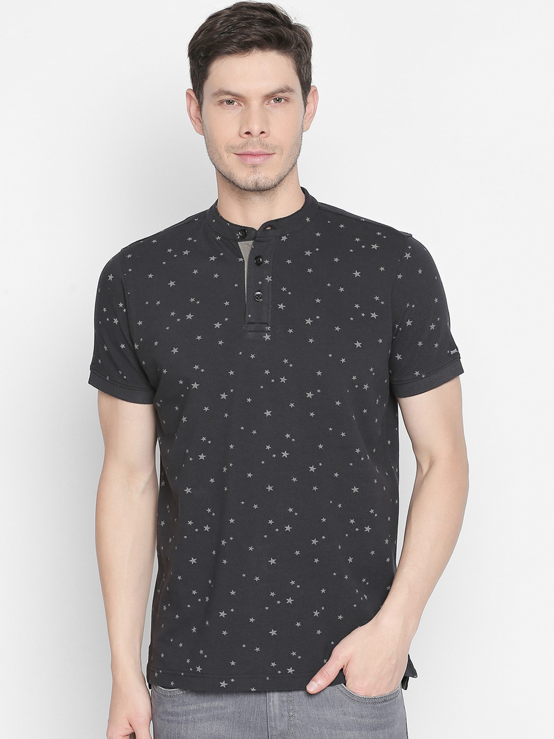 Basics Men Grey Printed Polo Collar T-shirt