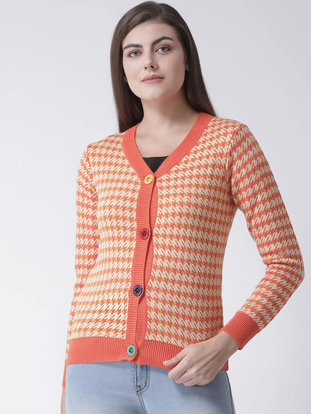 Club York Women Orange Checked Cardigan Sweater